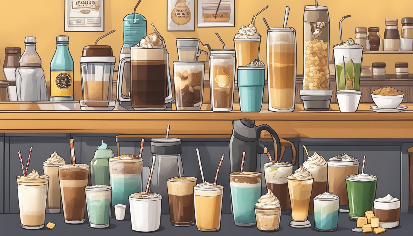 A crowded coffee shop counter with 14 Vanilla Ice Blended drinks, surrounded by calorie-rich toppings and syrups