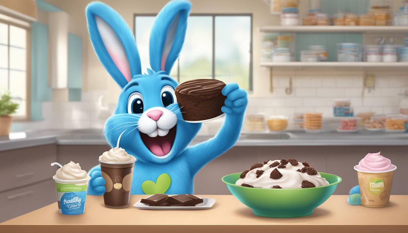 A blue bunny mascot happily serving chocolate fudge brownie frozen yogurt with a misleading "healthy" label