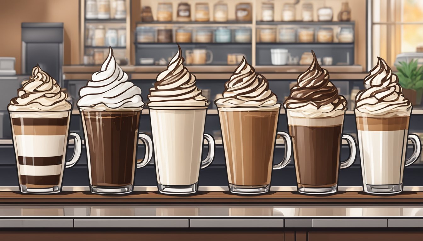 A busy coffee shop counter with a row of mocha drinks lined up, topped with whipped cream and chocolate drizzle