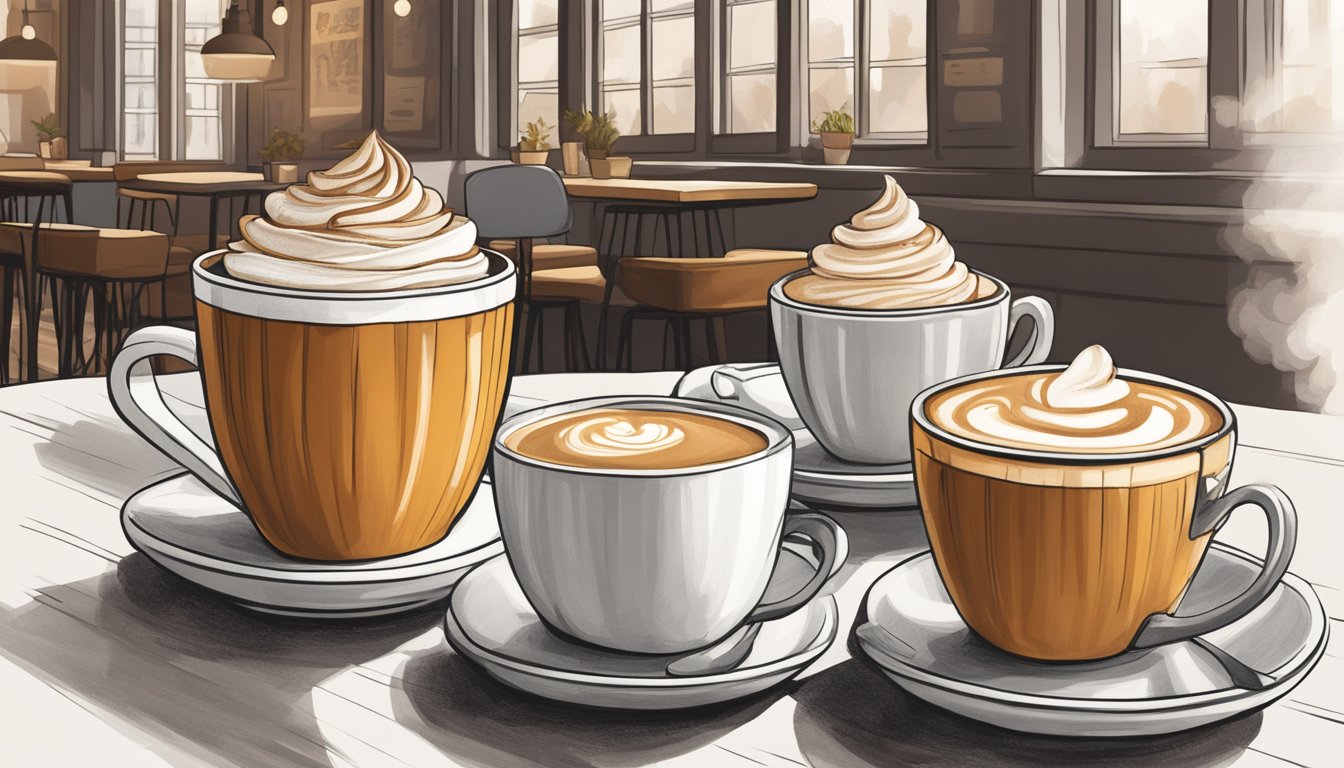 A steaming pumpkin spice latte sits on a table next to a stack of "skinny" coffee drink cups, surrounded by the cozy atmosphere of Caffè Nero