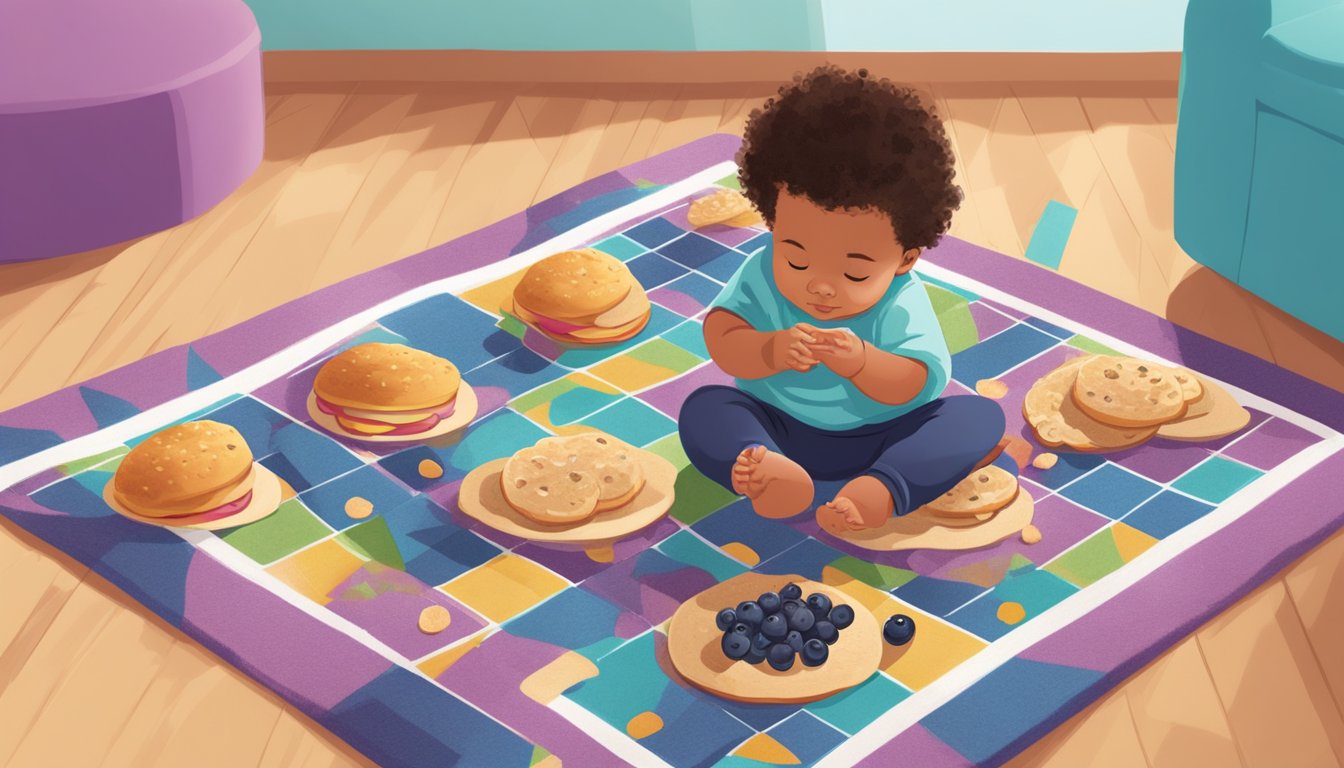 A playful toddler reaches for a pile of Plum Organics Jammy Sammy Blueberry & Oatmeal snacks, scattered on a colorful, patterned play mat