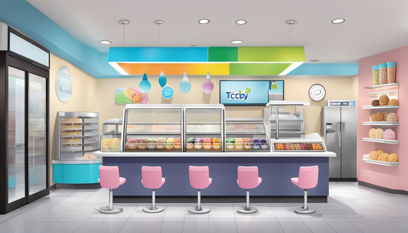 A colorful frozen yogurt shop with a large "TCBY Cookies and Cream" sign. Various toppings and a serving counter with a scale