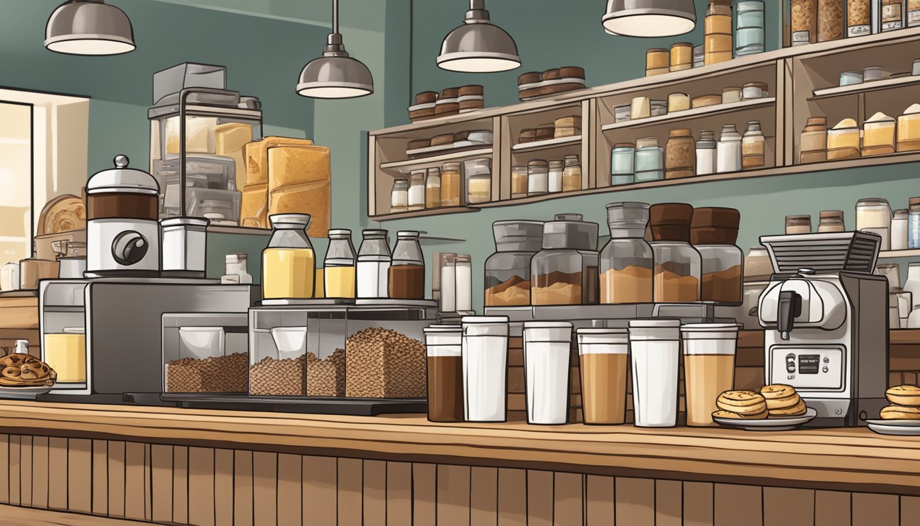 A crowded coffee shop counter with multiple Butter Pecan Swirl drinks lined up, surrounded by various coffee condiments and pastries