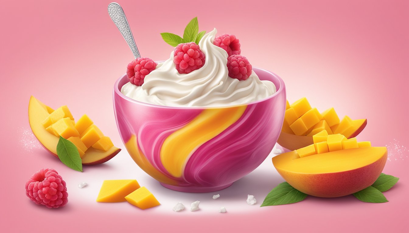 A colorful bowl of Häagen-Dazs Mango Raspberry Frozen Yogurt surrounded by fresh mango and raspberry slices, with a backdrop of swirling frozen yogurt