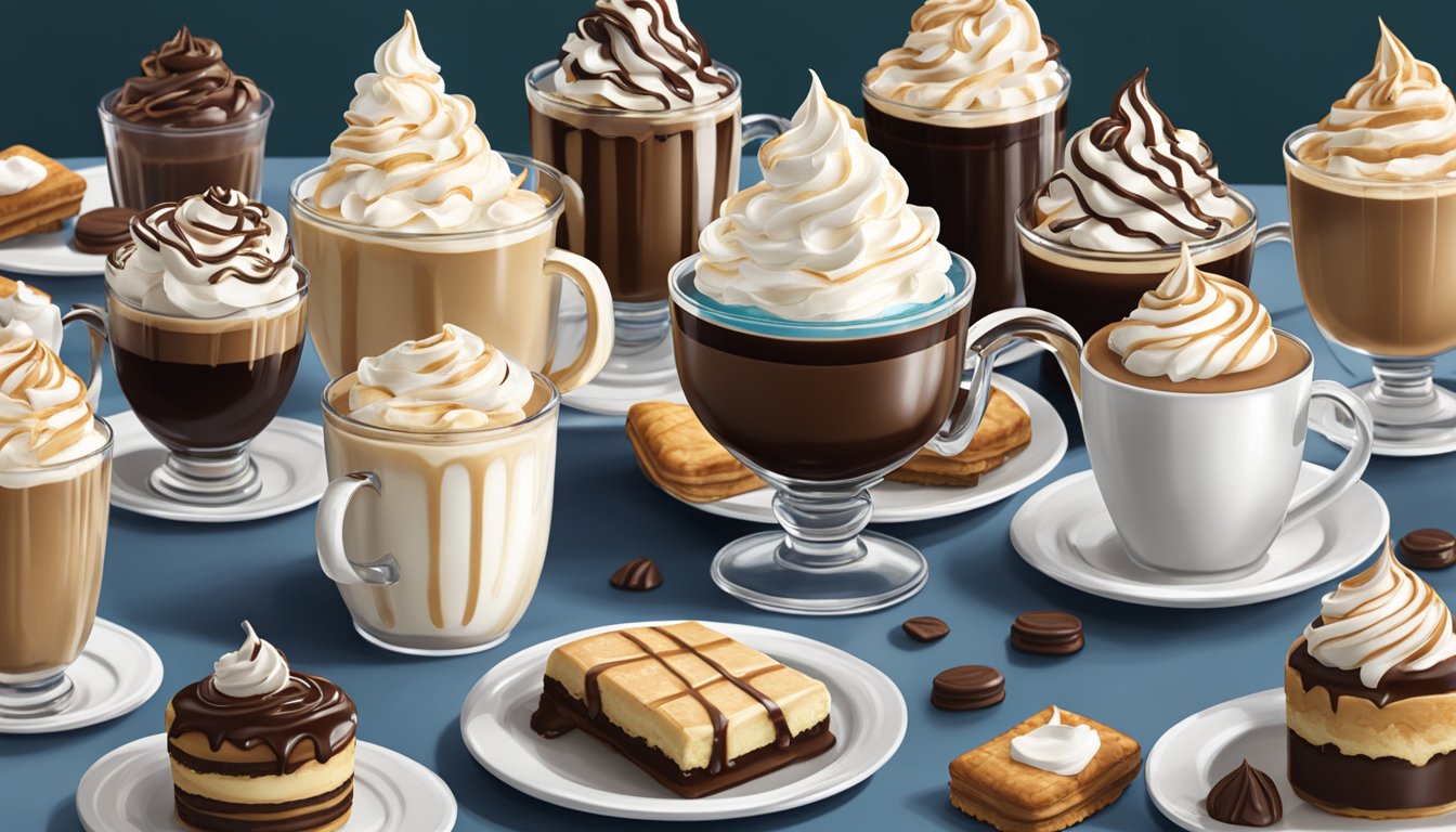 A table with 14 Caribou Coffee White Chocolate Mochas, each topped with whipped cream and drizzled with chocolate syrup, surrounded by calorie-laden pastries