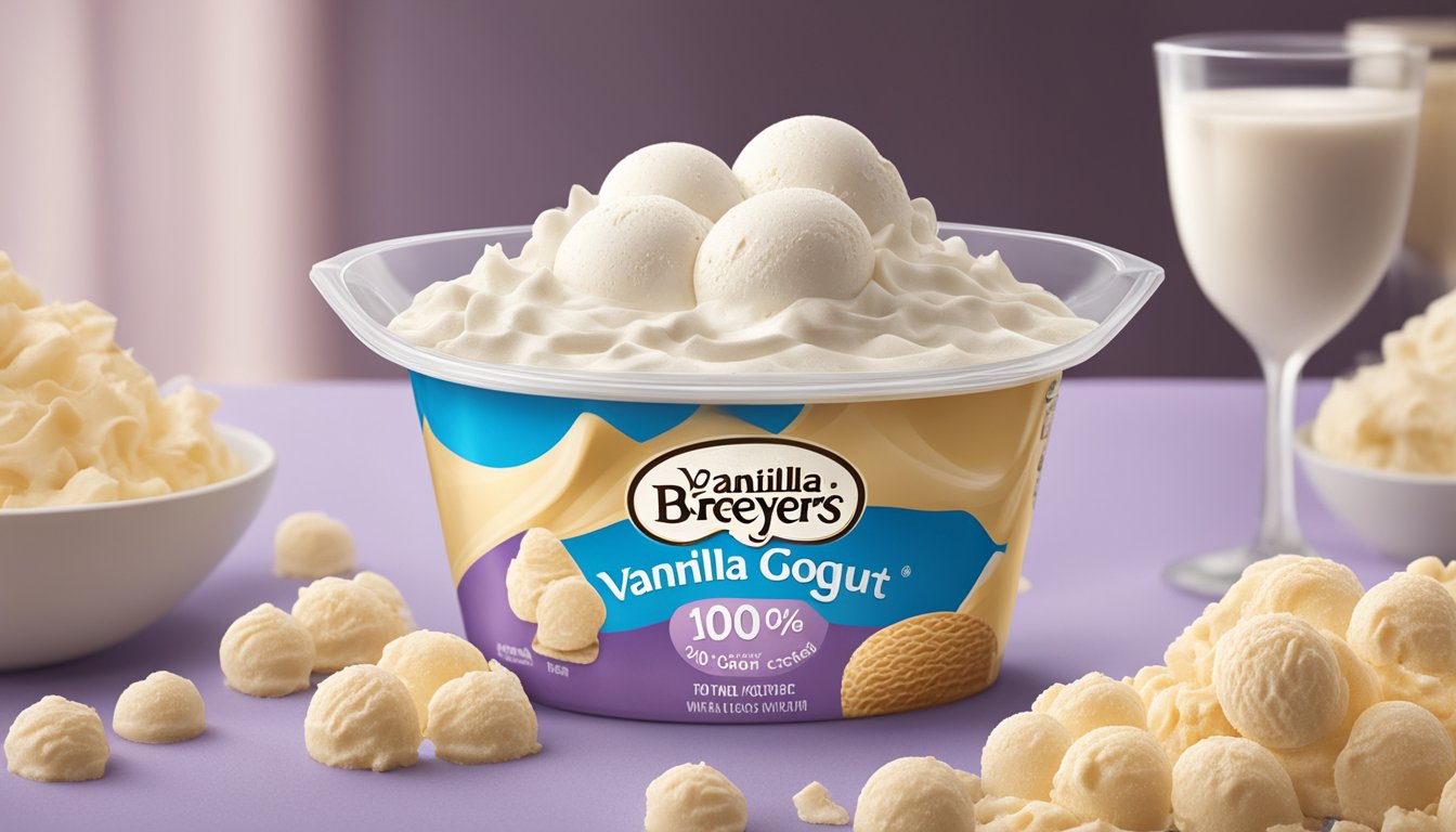 A carton of Breyers 100% Grade A Vanilla frozen yogurt surrounded by overflowing sugar and a pile of ice cream, emphasizing the high sugar content