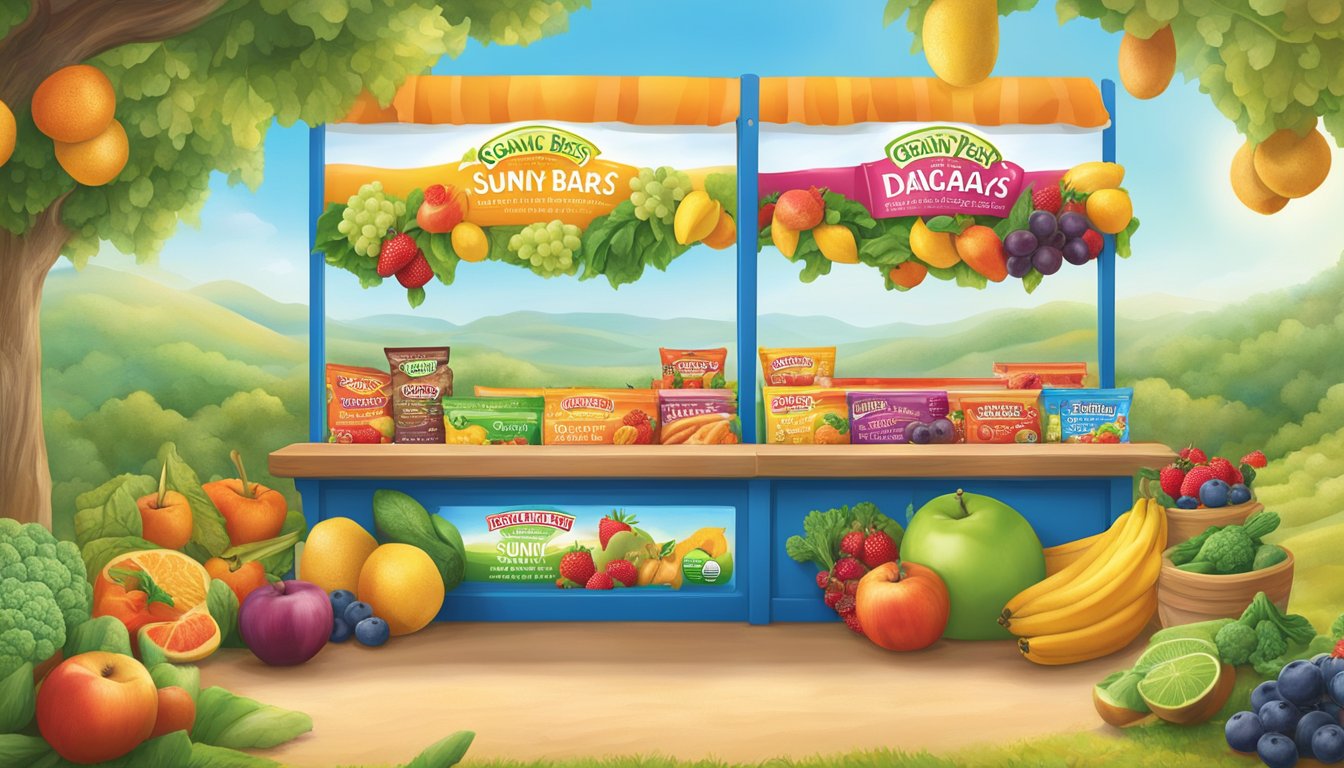 A colorful display of Earth's Best Organic Sunny Days Snack Bars surrounded by vibrant fruits and vegetables, with a playful and joyful atmosphere