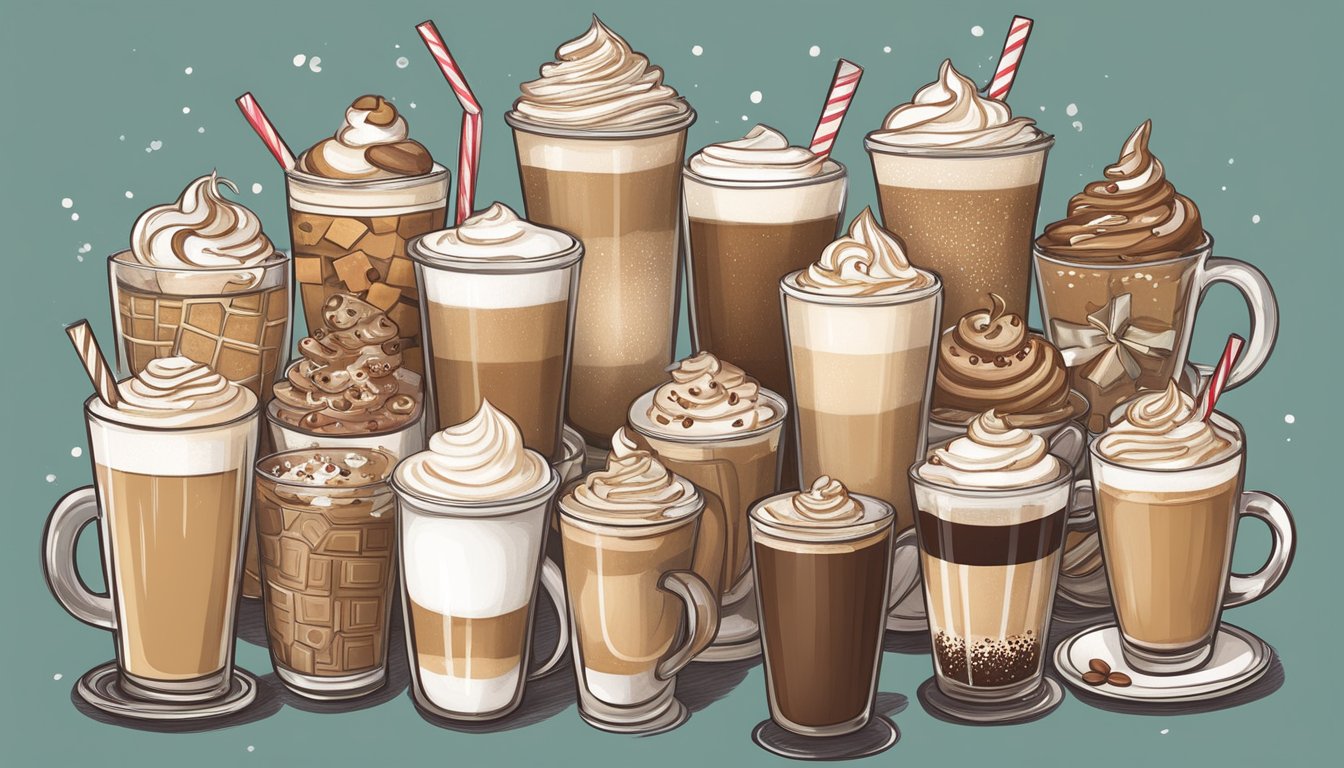 A festive gingerbread latte surrounded by 14 different coffee drinks, each labeled "skinny," with hidden calories lurking