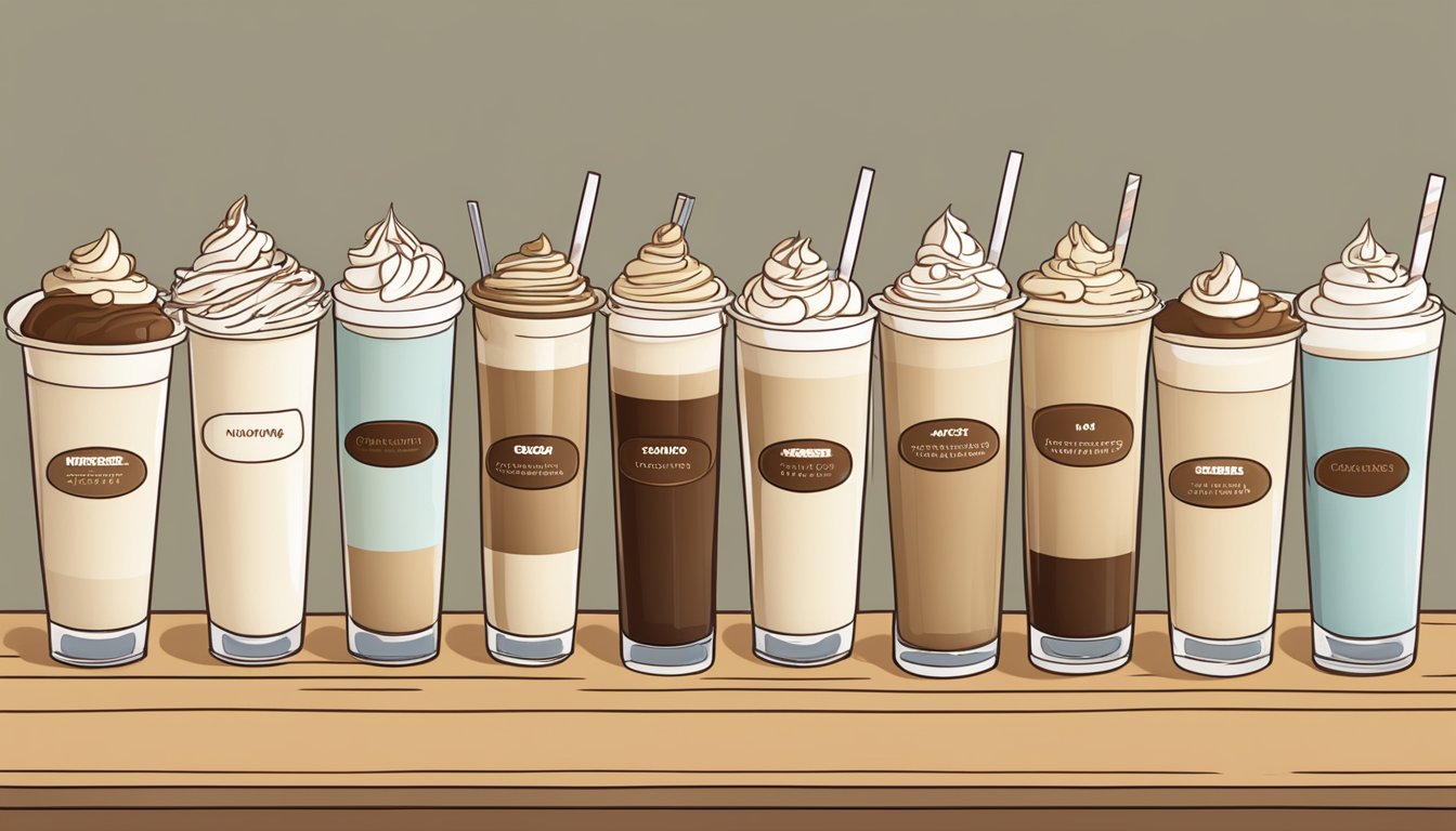 A tall iced white chocolate mocha sits on a wooden table, surrounded by 14 empty coffee cups, each labeled "skinny."