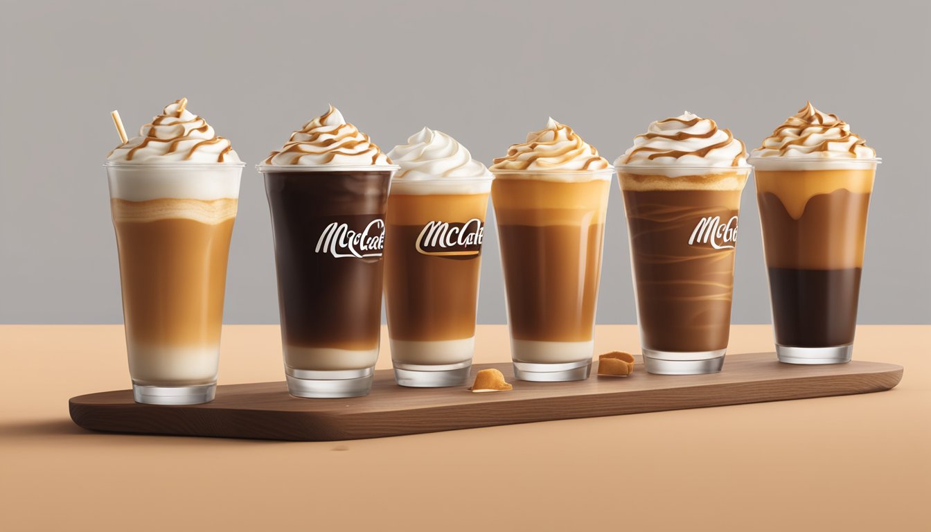 A table with 14 cups of McCafé Caramel Macchiatos, each labeled "Skinny," but overflowing with hidden calories