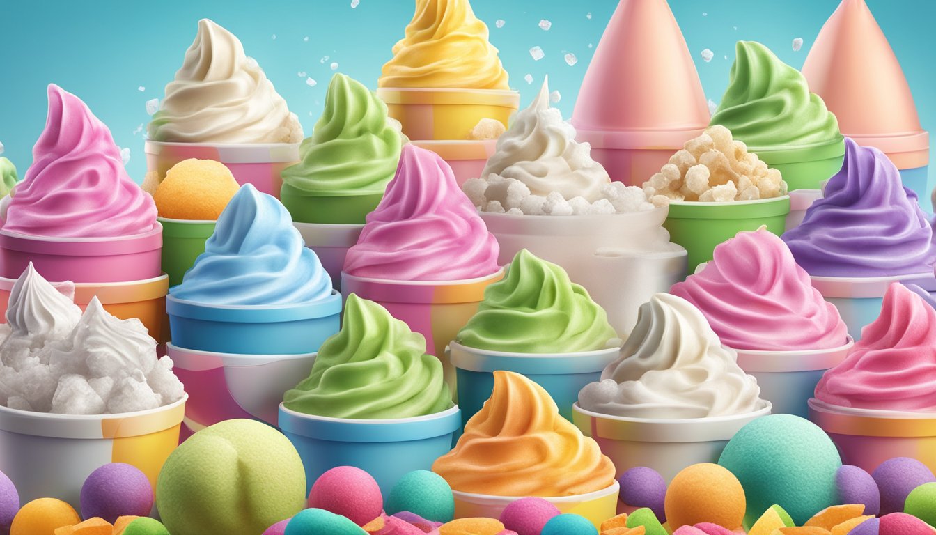 A colorful display of frozen yogurt containers, surrounded by overflowing sugar cubes and a towering ice cream cone