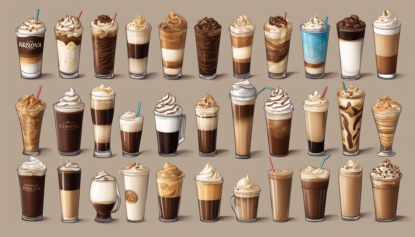 A table with 14 AriZona Caffe Mocha "Skinny" coffee drinks, surrounded by various high-calorie add-ins like whipped cream and flavored syrups