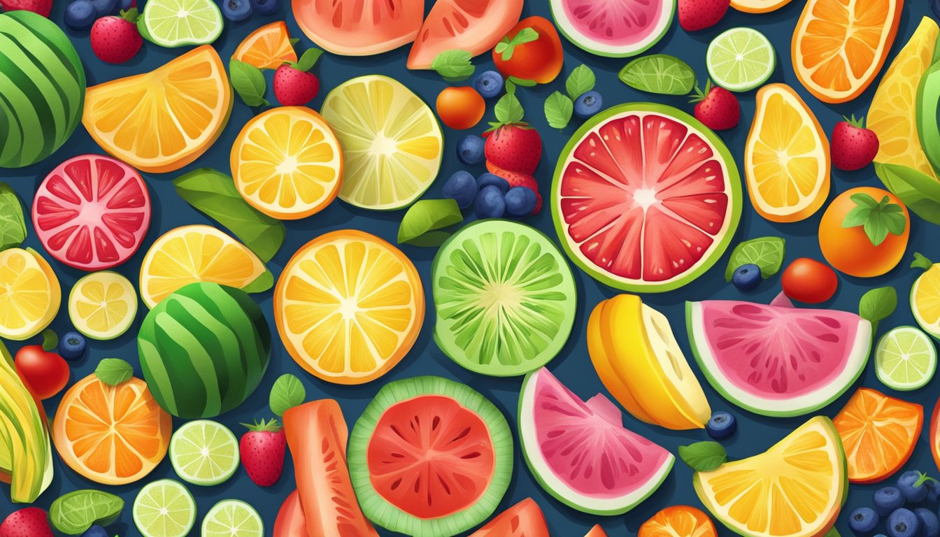 A colorful array of fresh fruit and vegetable slices arranged in a playful and inviting manner on a plate