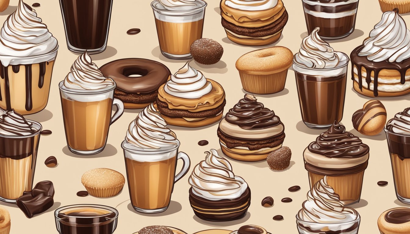 A table with 14 coffee drinks, each topped with whipped cream and drizzled with chocolate syrup, surrounded by Krispy Kreme donuts