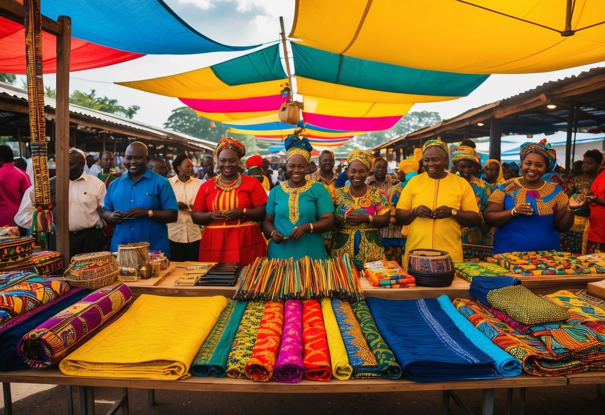 A vibrant outdoor market with colorful textiles, traditional crafts, and lively music at the W.E.B. Du Bois Center in Accra