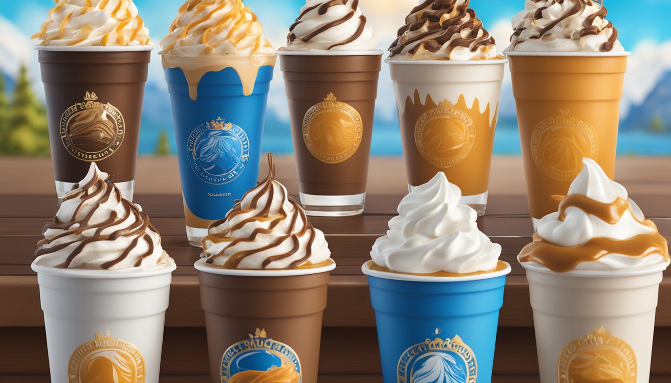 A row of Dutch Bros Caramelizer coffee drinks, each topped with whipped cream and drizzled caramel, surrounded by calorie-laden ingredients