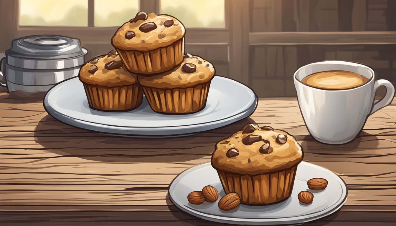 A banana nut protein muffin sits on a rustic wooden table next to a plate of "wholesome" muffins, with a glazed donut in the background