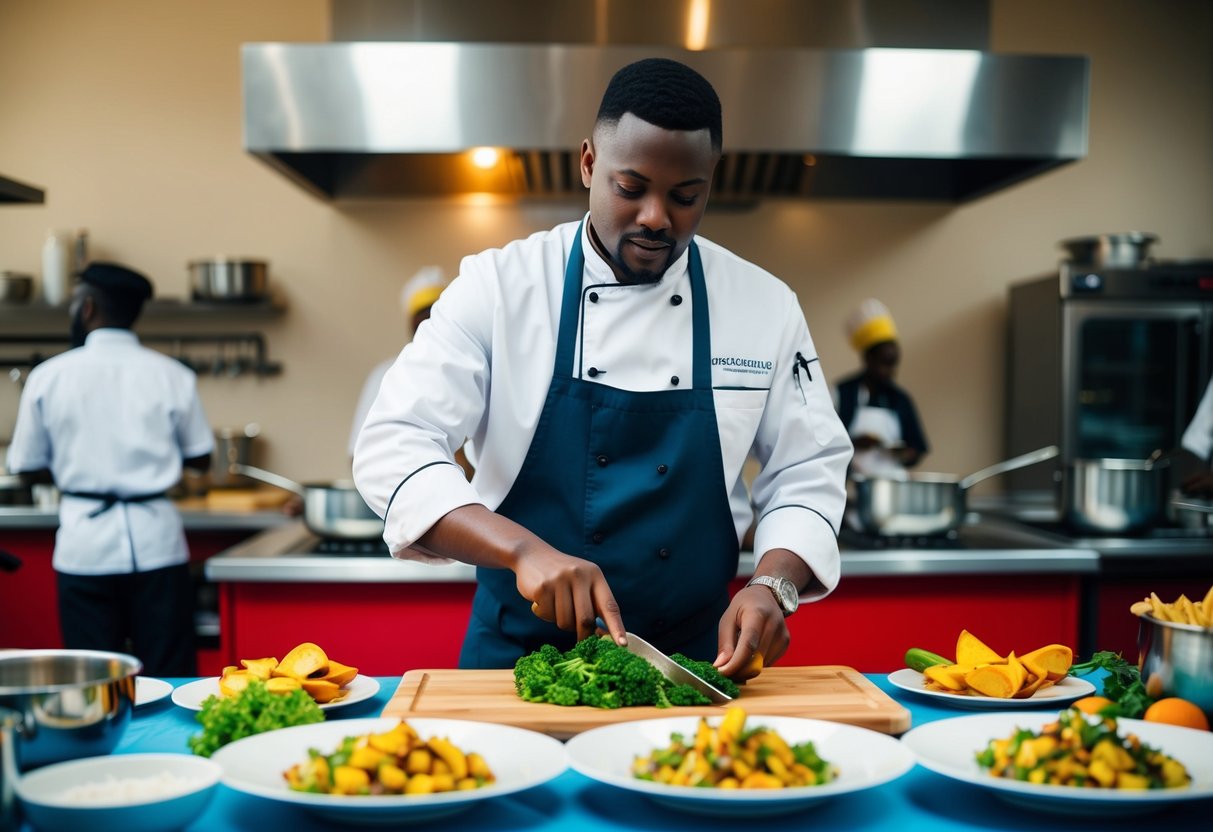 A chef demonstrating cooking techniques in a vibrant kitchen setting at Flair Catering in Accra