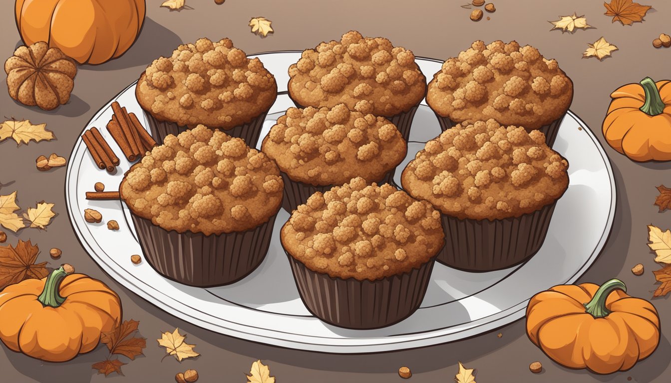 A tray of pumpkin spice streusel muffins surrounded by scattered crumbs and a sprinkle of cinnamon