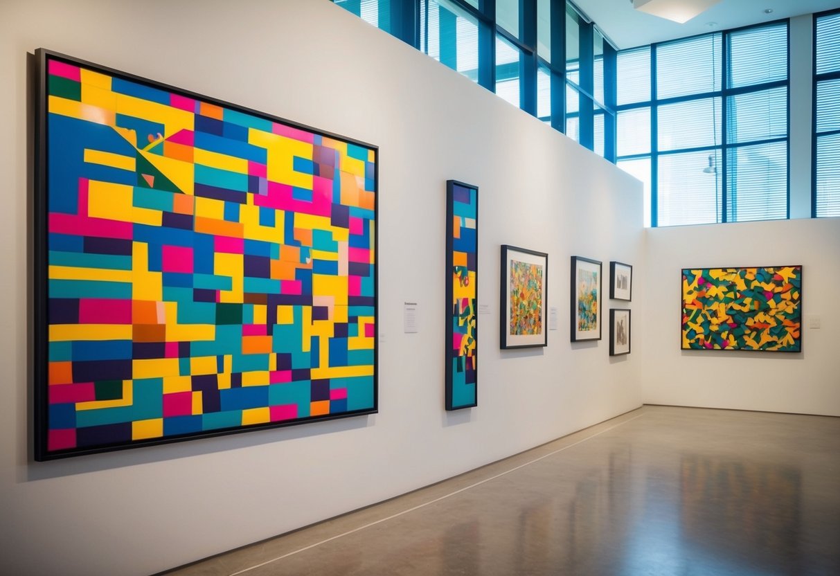 Vibrant artwork displayed in a contemporary gallery space at the Nubuke Foundation in Accra, with natural light streaming in through large windows
