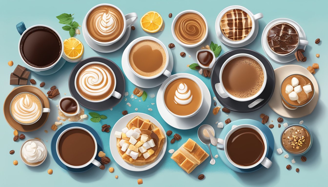 A table with a variety of hot drinks, including Second Cup hot chocolate and caramel coffee drinks, surrounded by calorie-laden toppings and syrups