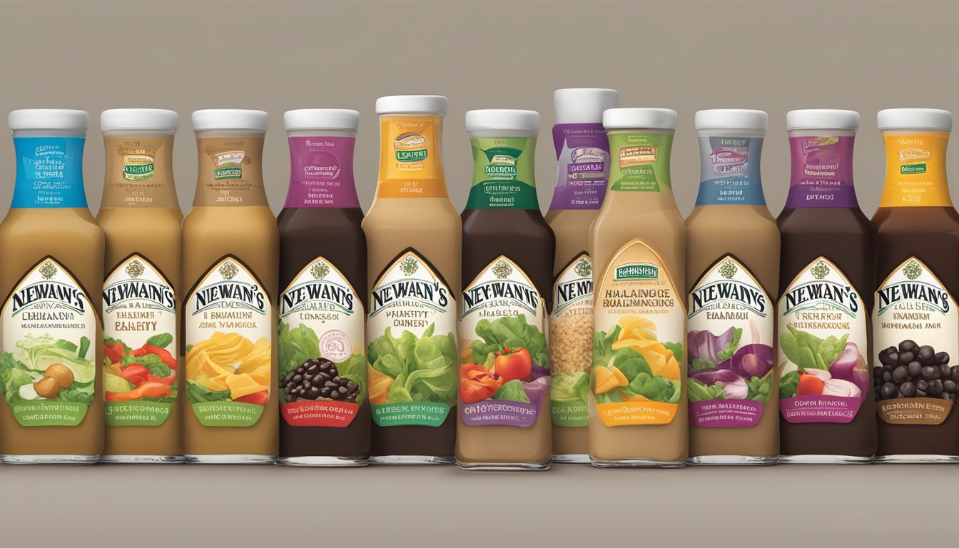 A bottle of Newman's Own Balsamic Vinaigrette surrounded by six other salad dressing bottles, all labeled as "seemingly healthy."