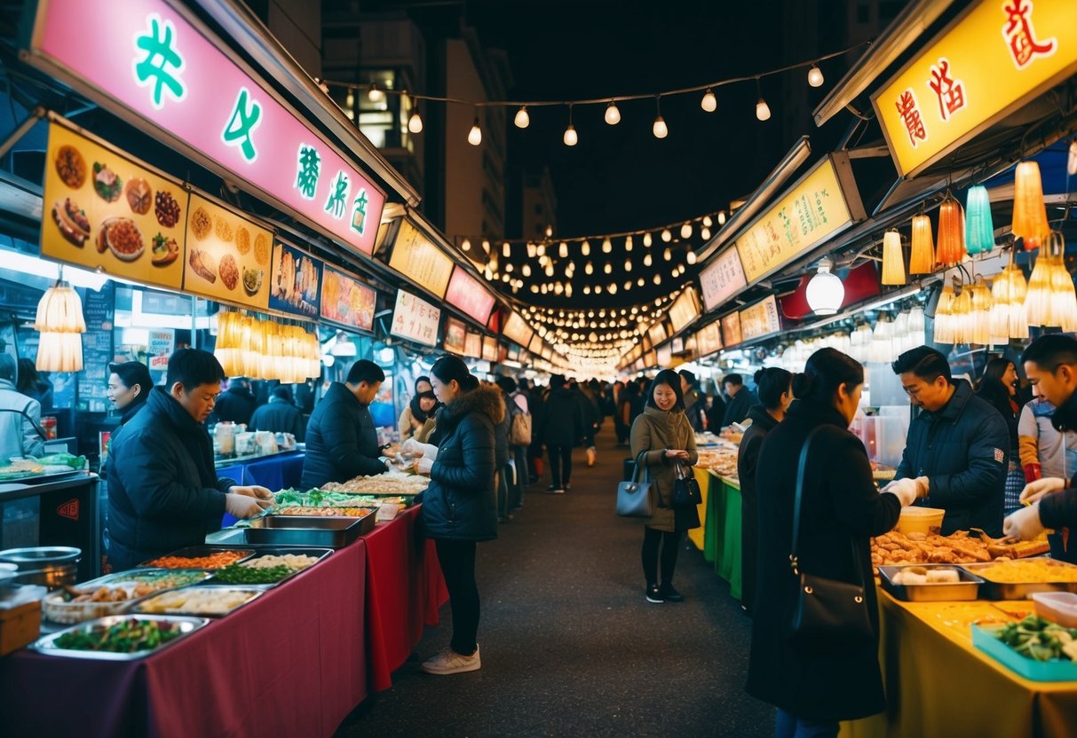 Colorful stalls line the bustling Osu Night Market, offering a variety of street food and handmade crafts under the glow of twinkling lights