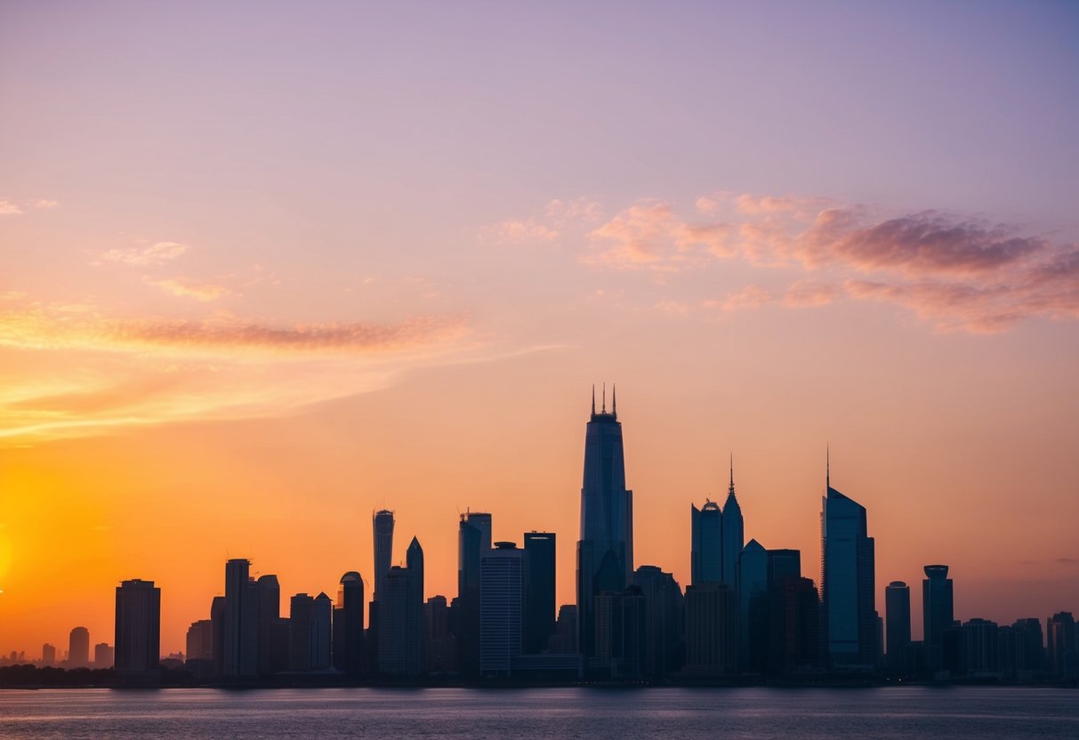 The sun dips below the horizon, casting a warm glow over the city skyline. The silhouette of Skybar 25 stands against the colorful sky