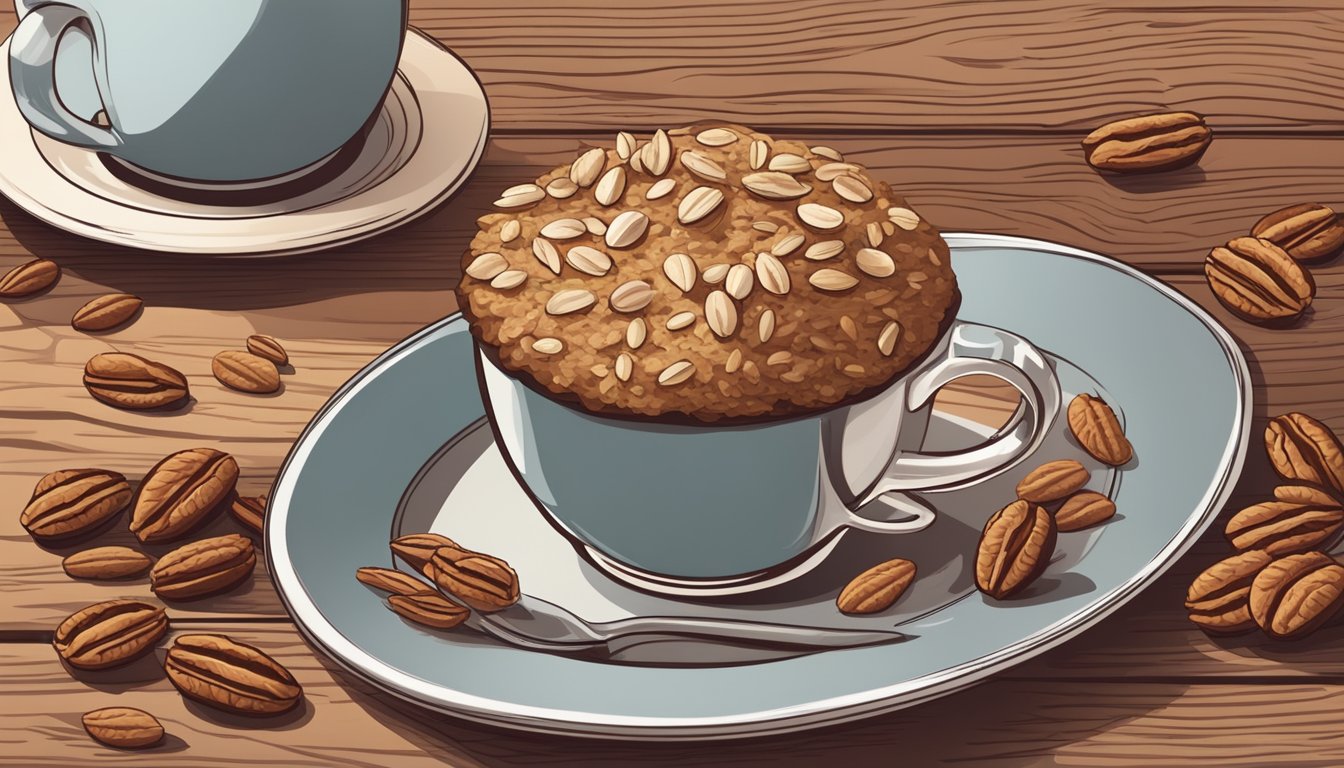 A rustic wooden table with scattered oat flakes and pecans, a plate of maple pecan oat muffins, and a steaming cup of coffee