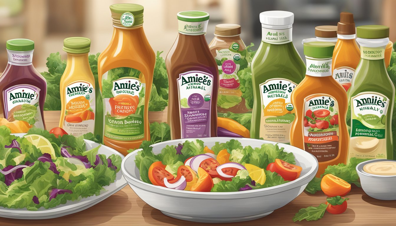 A bottle of Annie's Naturals Organic French Dressing surrounded by other seemingly healthy salad dressings on a table