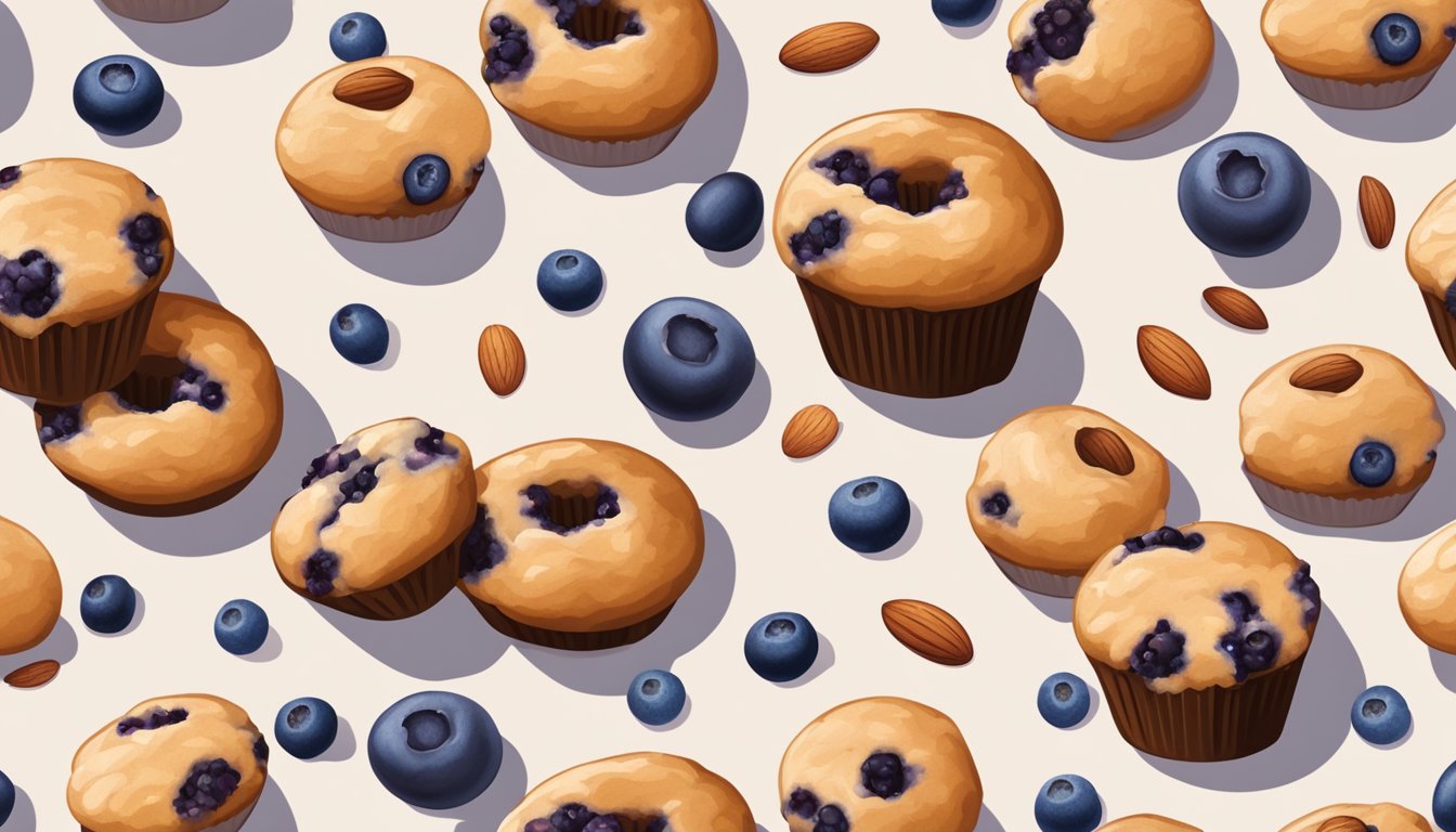 A blueberry almond butter muffin surrounded by scattered almonds and blueberries, with a donut in the background