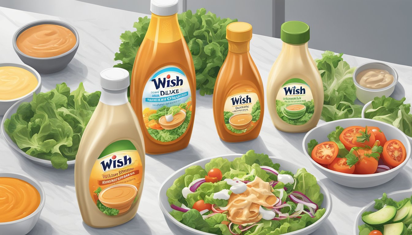 A bottle of Wish-Bone Deluxe French Dressing surrounded by other seemingly healthy salad dressings on a kitchen counter