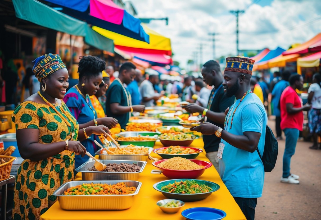 Vibrant street scene with colorful food stalls and people enjoying local dishes at Chale Wote Street Art Festival in Accra
