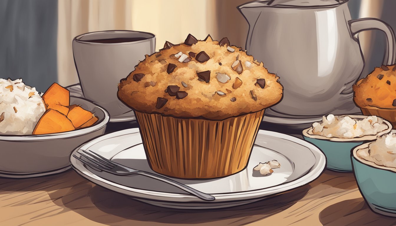 A muffin with sweet potato and coconut on a plate, surrounded by other "wholesome" muffins