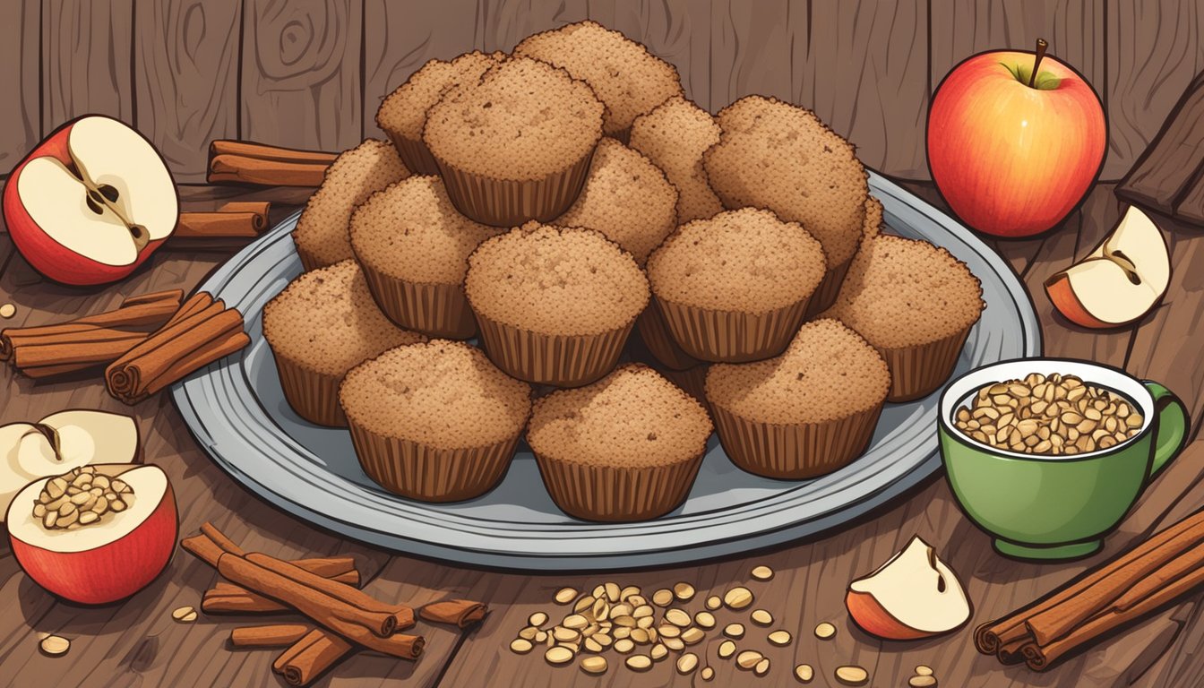 A plate of apple cinnamon quinoa muffins arranged on a rustic wooden table, surrounded by scattered ingredients like apples, cinnamon sticks, and quinoa grains