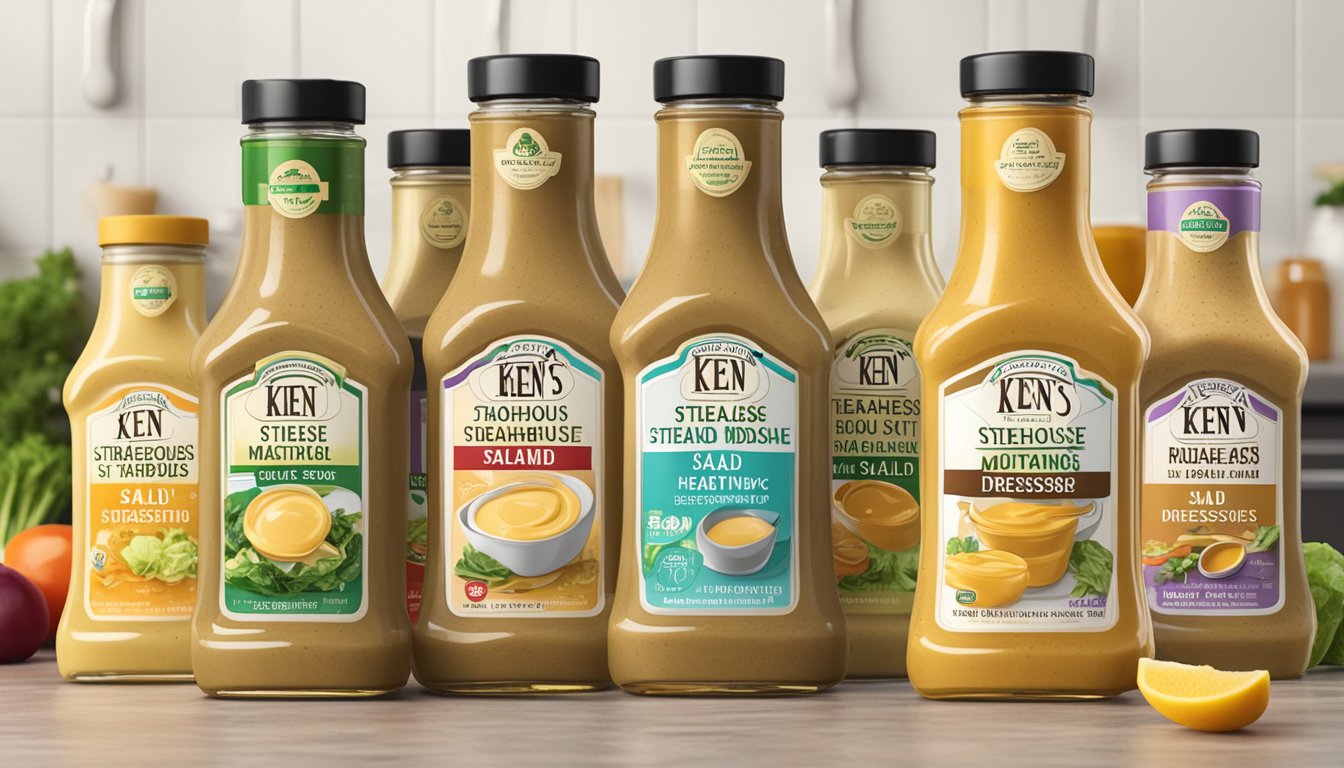 A bottle of Ken's Steakhouse Honey Mustard salad dressing surrounded by six other bottles of seemingly healthy dressings on a kitchen counter