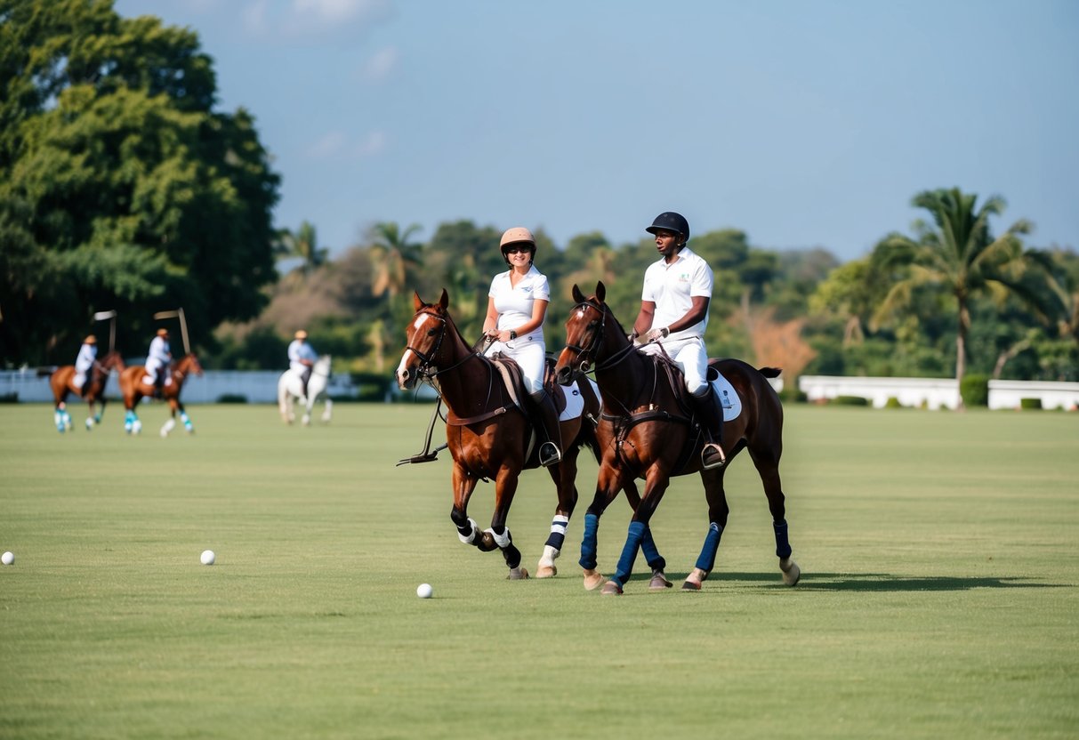 A couple rides horses at Accra Polo Club, surrounded by lush greenery and a clear blue sky