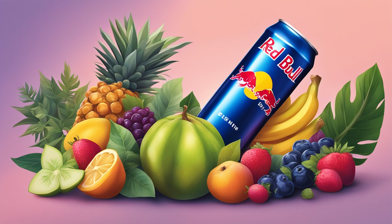 A can of Red Bull Energy Drink surrounded by exaggeratedly large and vibrant natural elements, such as oversized fruits and plants