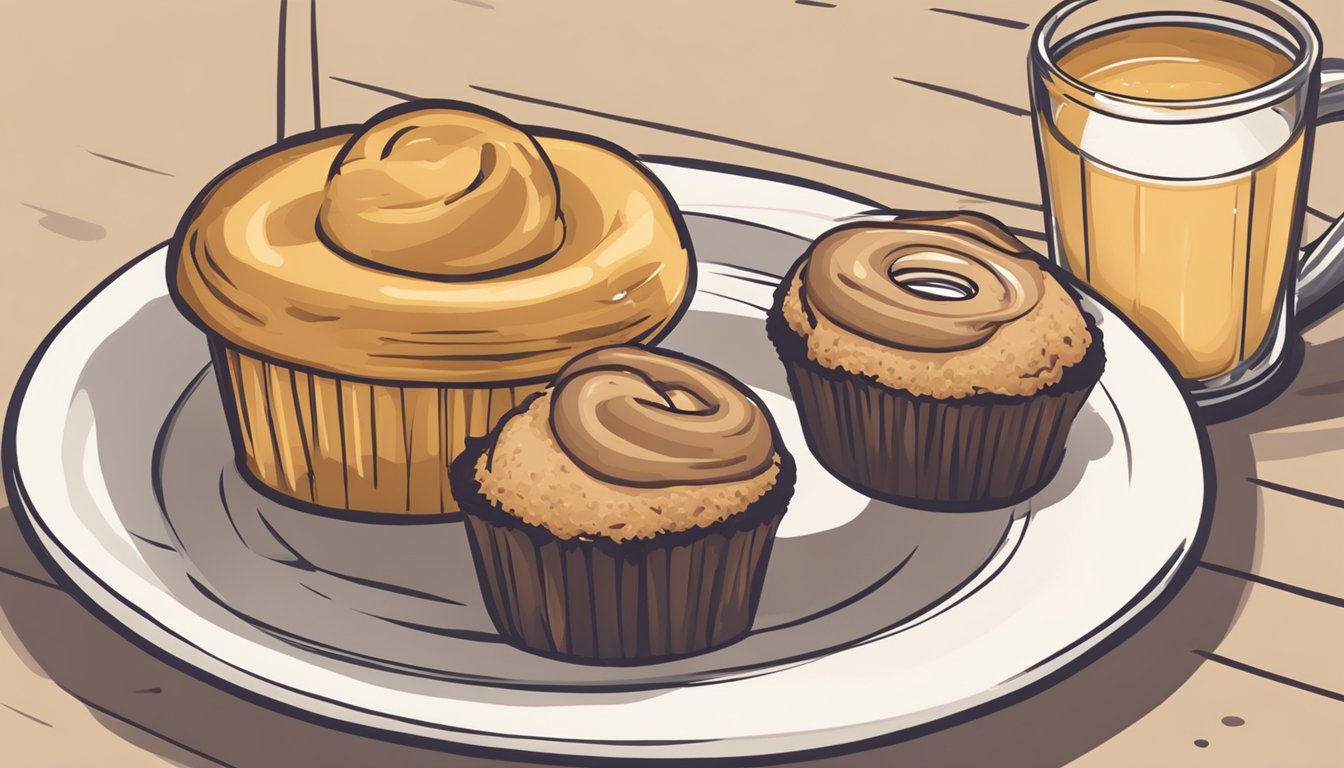 A table with a plate of peanut butter banana muffins next to a donut, showcasing the size and calorie difference between the two