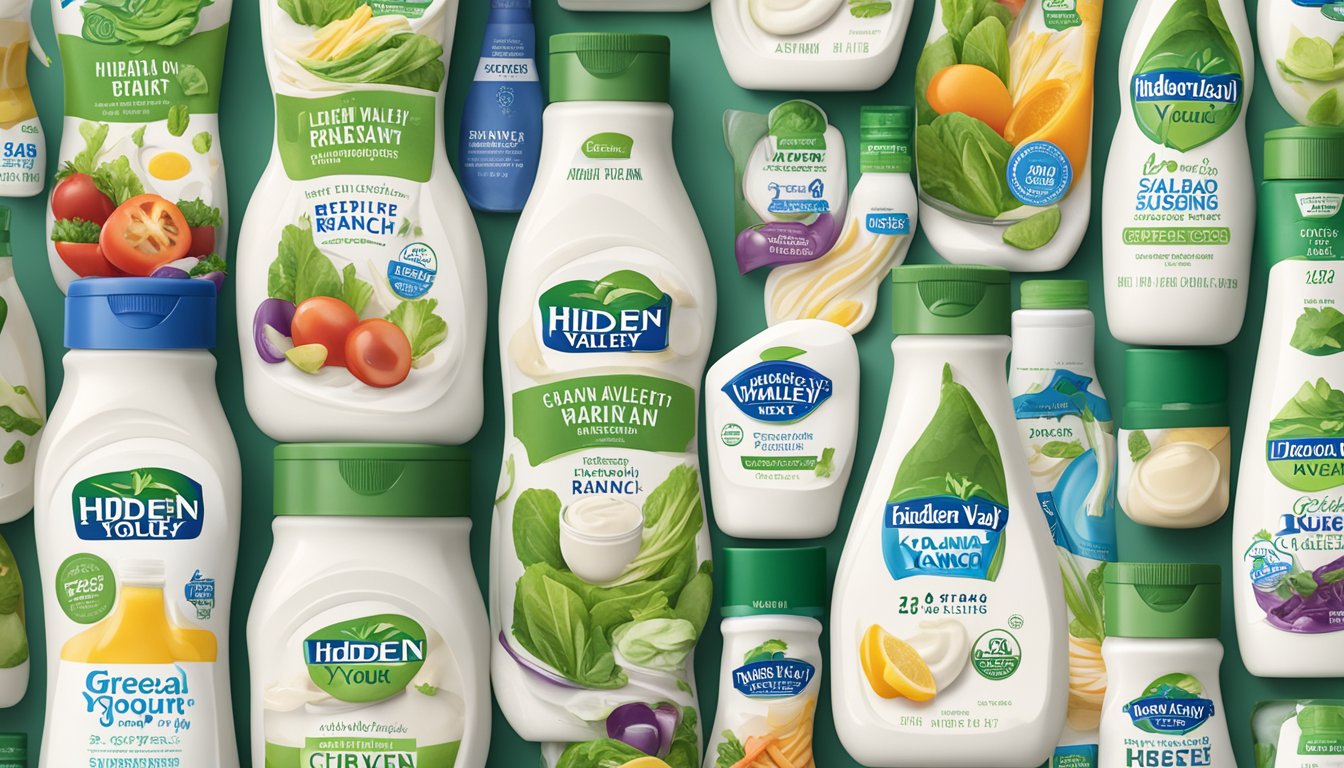 A bottle of Hidden Valley Greek Yogurt Ranch surrounded by 7 other salad dressing bottles, all appearing healthy