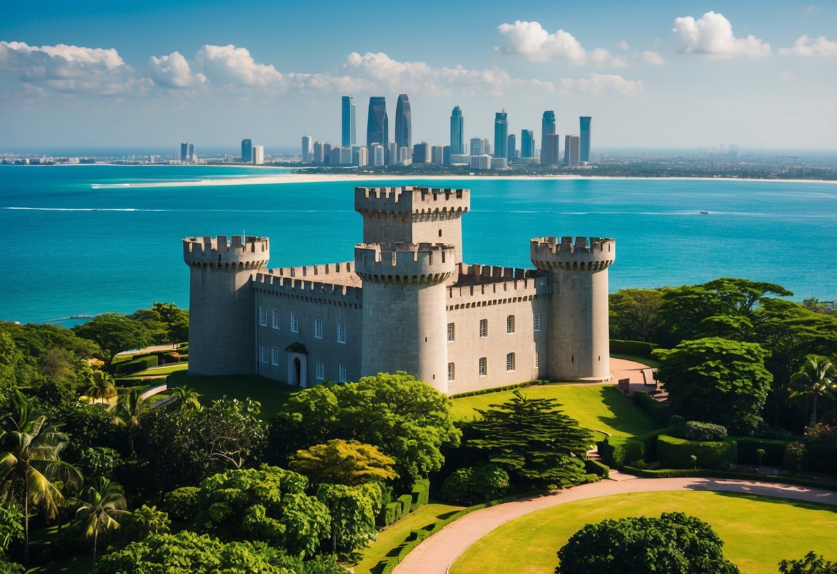The Osu Castle stands tall against the Accra skyline, surrounded by lush greenery and overlooking the sparkling ocean