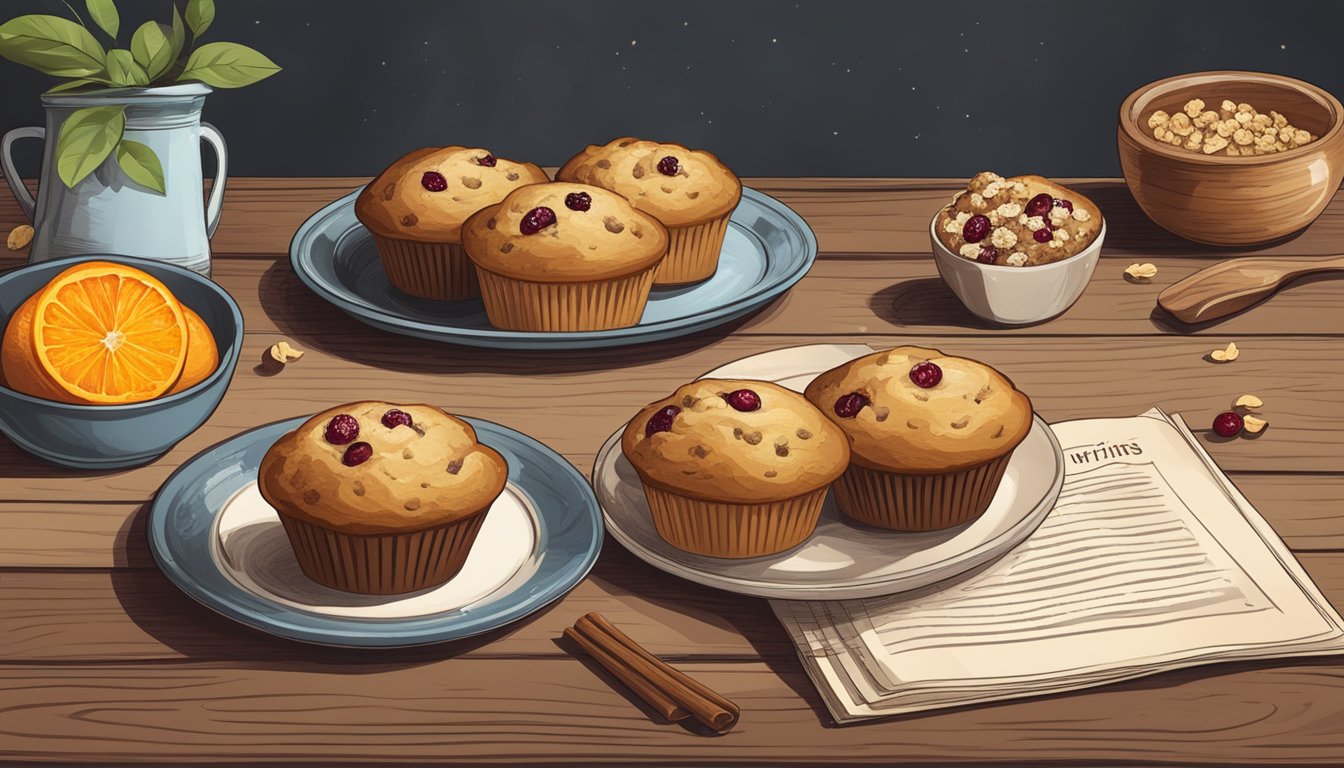 A rustic wooden table with a plate of cranberry orange walnut muffins, surrounded by scattered ingredients and a vintage recipe book