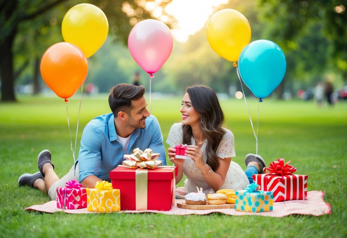 A couple enjoying a romantic picnic in a lush park setting, surrounded by colorful balloons and a beautifully wrapped gift