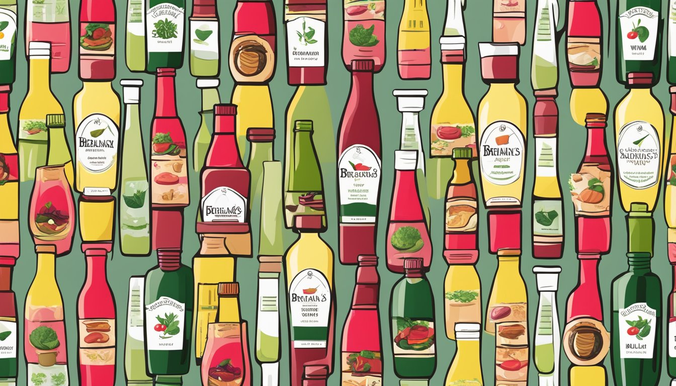 A bottle of Brianna's Blush Wine Vinaigrette surrounded by 6 other salad dressing bottles, all with red X marks on them