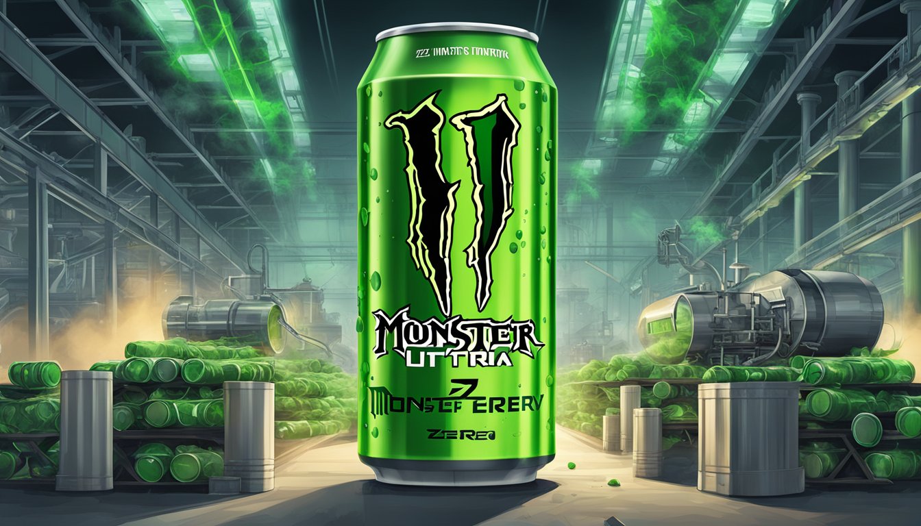 A towering, ominous factory emits green smoke as cans of Monster Energy Zero Ultra roll off the assembly line, surrounded by artificial ingredients