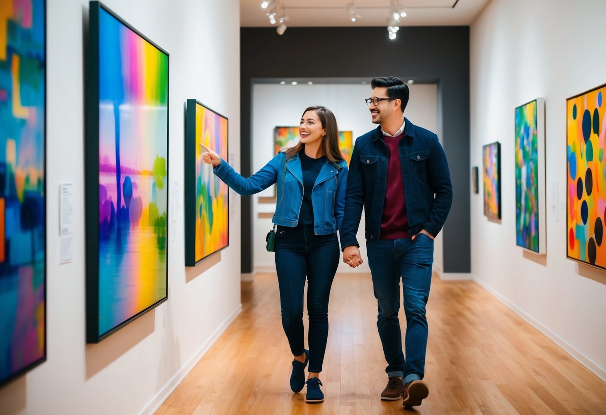 A couple strolling through an art gallery, admiring colorful paintings and sculptures. The boyfriend gestures excitedly at a vibrant abstract piece