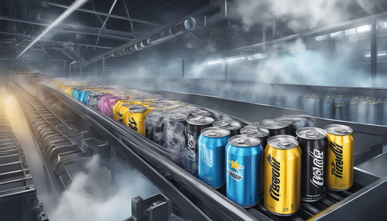 A factory conveyor belt spewing out cans of Rockstar Pure Zero Silver Ice energy drinks, with ominous smoke billowing from the production line