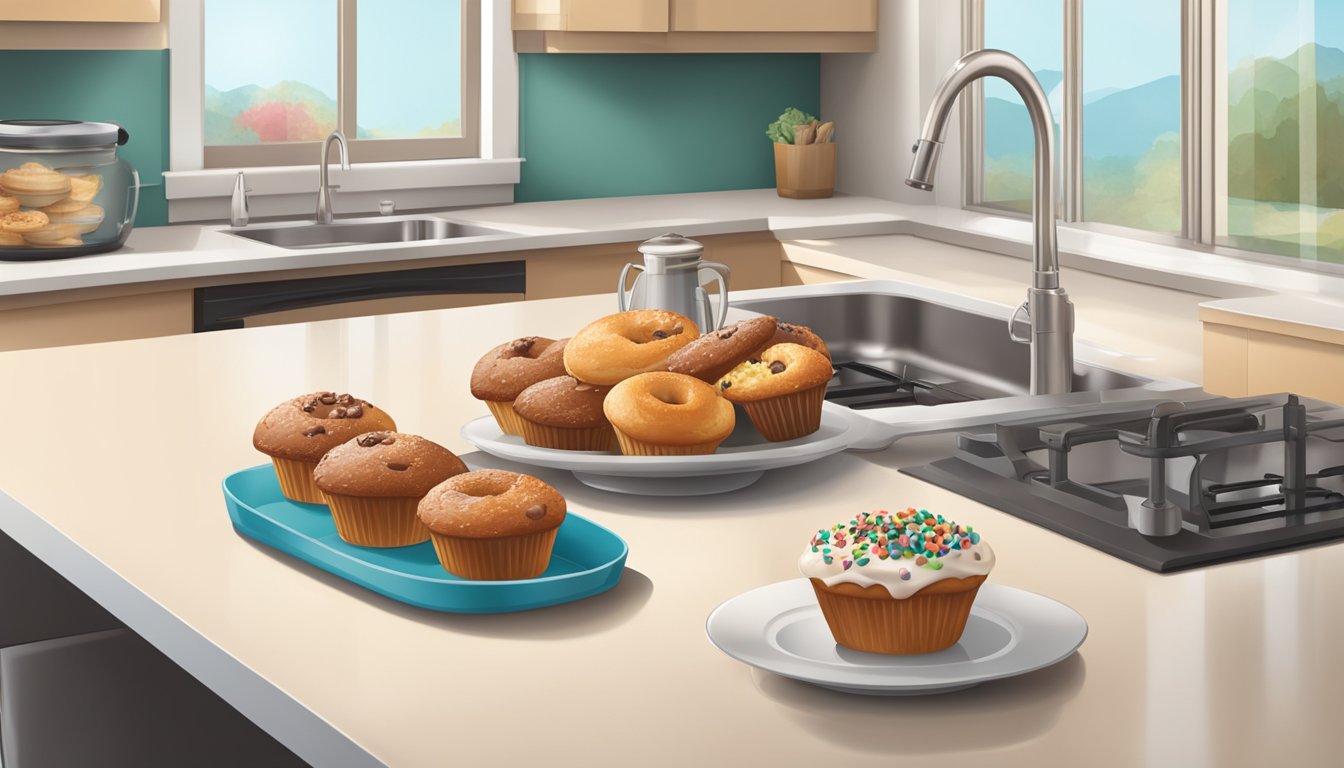 A kitchen counter with a plate of muffins next to a donut, emphasizing the high calorie content