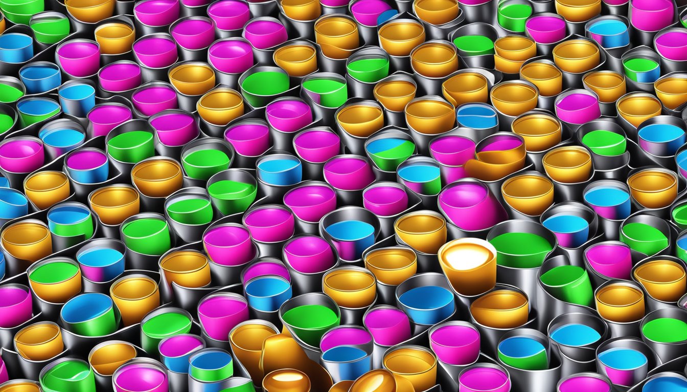 A factory conveyor belt with rows of shiny, colorful energy drink cans moving along under bright fluorescent lights