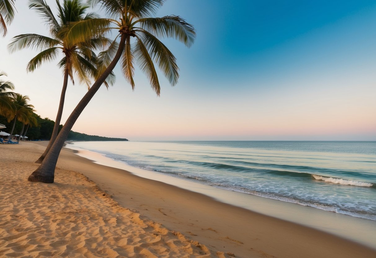 A serene beach with palm trees, calm waves, and golden sand, perfect for a peaceful day date